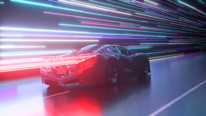 Sports car in front of glowing neon lines
